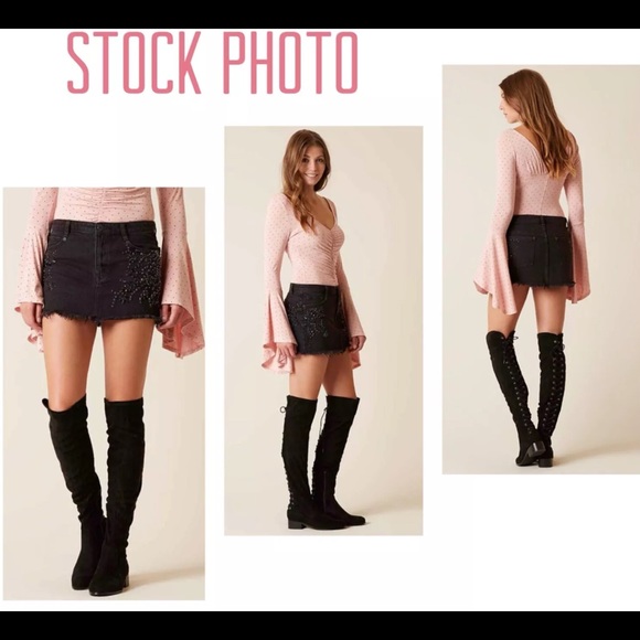 Free People Embellished Black Denim MiniSkirt Sz 4 - Picture 15 of 15